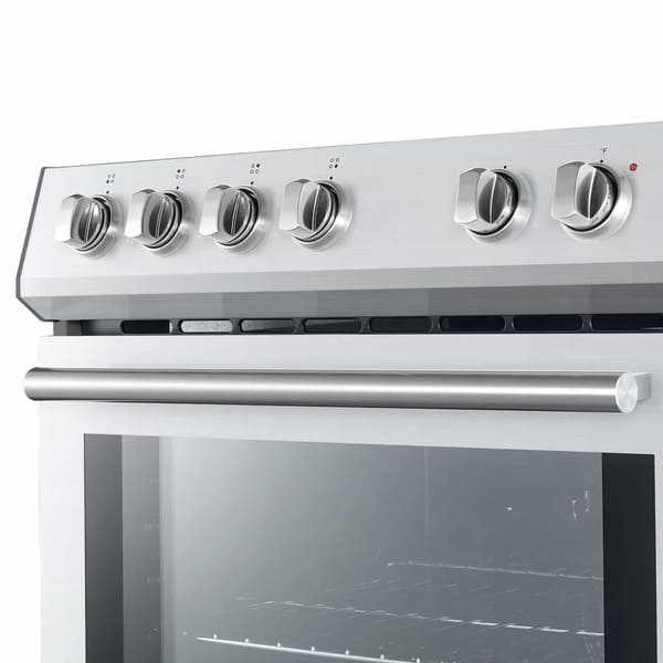 Close-up view of the control knobs on the FORNO 30-inch electric range in stainless steel, highlighting the sleek, metallic finish and precise temperature markings.