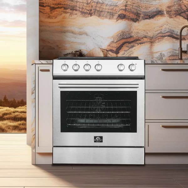 FORNO 30-inch electric range in stainless steel displayed in a modern kitchen setting, highlighting its sleek design, front control knobs, and spacious oven door.