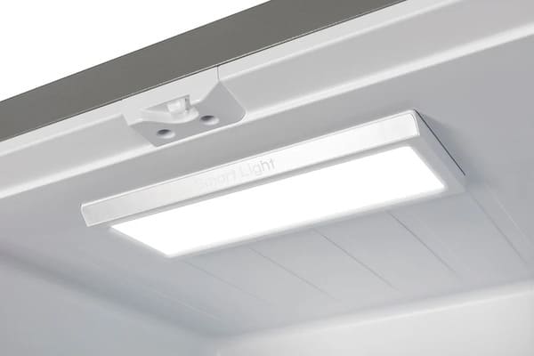 Close-up of the interior LED lighting in the FORNO 30-inch French door refrigerator, providing bright and energy-efficient illumination throughout the fridge compartments.