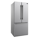 Front left-angled view of the FORNO 30-inch French door refrigerator in stainless steel, showcasing the elegant double-door design, bottom freezer drawer, and contemporary finish.