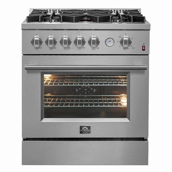 ront view of the FORNO 30-inch gas range in stainless steel, featuring five burners, control knobs, and a large oven door with window.