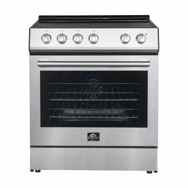 Front view of the Forno 30-inch Leonardo Espresso electric range, showcasing a matte black finish with antique brass trim, large oven window, and premium control knobs for a sophisticated, modern kitchen appearance.