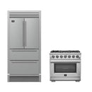 FORNO Appliance Package with 36" Gas Range and 36" French Door Refrigerator featuring Ice Maker and Grill Trim, model FBDL-019-03CAUS, in stainless steel.