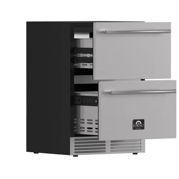 Angled view of the FORNO Cosenza Built-In Drawer Freezer with both drawers open, revealing spacious, stainless steel interiors and a sleek, modern design.