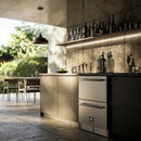 Modern kitchen scene featuring the FORNO Cosenza Built-In Drawer Freezer, showcasing its smudge-resistant stainless steel finish and compact dual-drawer layout.