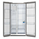 Front view of FORNO French Door Refrigerator with both doors open, showing adjustable glass shelves, crisper drawers, and gallon door bins.