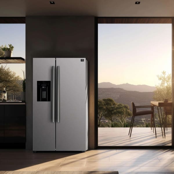 FORNO French Door Refrigerator shown in a modern kitchen lifestyle setting, highlighting its stainless steel finish and integrated grill trim.