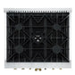 Top-down view of the FORNO Galiano 30-Inch French Door Dual Fuel Range in black, showcasing six sealed brass burners, durable cast iron grates, and a sleek stainless steel cooktop surface.