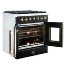 Left-angled view of the FORNO Galiano 30-Inch French Door Dual Fuel Range in black with both oven doors open, revealing the spacious blue enamel oven interior and multiple adjustable rack positions.