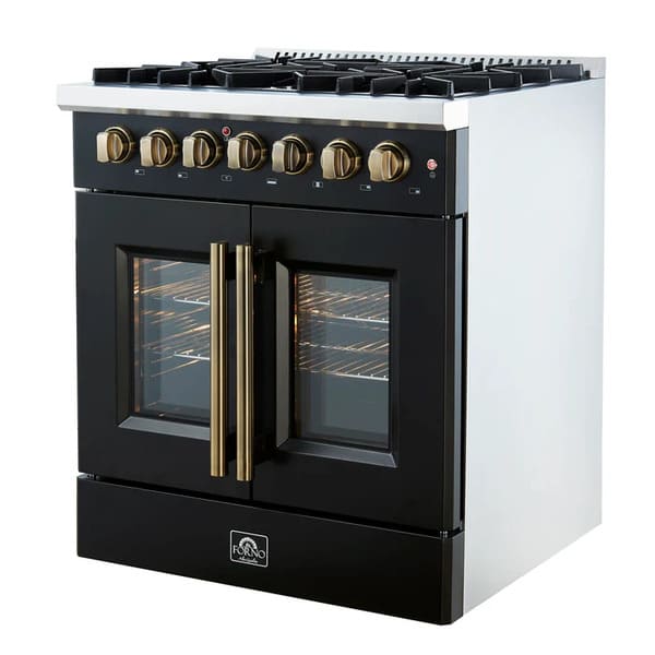 Right-angled view of the FORNO Galiano 30-Inch French Door Dual Fuel Range in black, featuring a pro-style stainless cooktop, dual fuel functionality, and elegant French-door oven with brass-accented knobs.