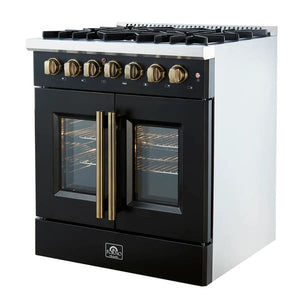 Right-angled view of the FORNO Galiano 30-Inch French Door Dual Fuel Range in black, featuring a pro-style stainless cooktop, dual fuel functionality, and elegant French-door oven with brass-accented knobs.