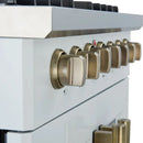 Close-up view of the FORNO Galiano 30-Inch Dual Fuel Range in white, showcasing antique brass control knobs with bezel rings and clear burner indicator markings.