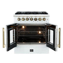 Front view of the FORNO Galiano 30-Inch French Door Dual Fuel Range in white with both oven doors open, showcasing the large convection oven cavity, blue porcelain interior, and telescopic racks.