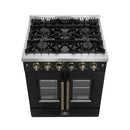 Top-front view of the FORNO Galiano 30-Inch French Door Gas Range in black, featuring four sealed brass burners, continuous cast iron grates, and a sleek matte black cooktop surface for versatile cooking performance.