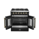 Front view of the FORNO Galiano 30-Inch French Door Gas Range in black with both oven doors open, revealing the spacious blue enamel interior, convection fan, and heavy-duty oven racks.
