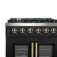 Front-facing close-up of the FORNO Galiano 30-Inch French Door Gas Range in black, showcasing durable stainless steel control knobs with clear temperature markings and a sleek, modern matte black panel.