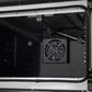 Interior view of the FORNO Galiano 30-Inch French Door Gas Range in black, showing the upper broiler element, blue enamel oven cavity, and chrome oven racks for high-heat broiling and even cooking.