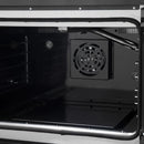 Close-up of the convection fan inside the FORNO Galiano 30-Inch French Door Gas Range in black, set against a vibrant blue enamel oven interior, designed for even heat distribution and consistent cooking performance.