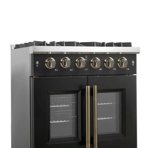 Left-angled close-up of the control panel on the FORNO Galiano 30-Inch French Door Gas Range in black, featuring stainless steel knobs with precision markings and a sleek matte black front panel.