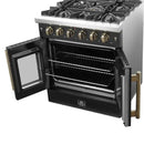 Right-angled view of the FORNO Galiano 30-Inch French Door Gas Range in black with oven doors open, showcasing multiple heavy-duty chrome oven racks inside the blue enamel convection oven.