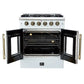 Front view of the FORNO Galiano 30-Inch French Door Gas Range in white with both oven doors open, showcasing the spacious blue enamel interior, convection fan, and adjustable chrome oven racks.