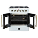 Front view of the FORNO Galiano 30-Inch French Door Gas Range in white with both oven doors open, showcasing the spacious blue enamel interior, convection fan, and adjustable chrome oven racks.