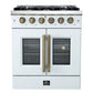 Front view of the FORNO Galiano 30-Inch French Door Gas Range in white, featuring a clean matte finish, four brass burners, and twin oven doors with stainless steel handles for a professional look.