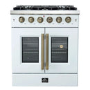 Front view of the FORNO Galiano 30-Inch French Door Gas Range in white, featuring a clean matte finish, four brass burners, and twin oven doors with stainless steel handles for a professional look.