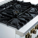 Left-angled view of the FORNO Galiano 30-Inch French Door Gas Range in white, showcasing four brass burners, heavy-duty cast iron grates, and a matte white cooktop surface designed for precision and durability.