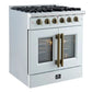 Left-angled view of the FORNO Galiano 30-Inch French Door Gas Range in white, showcasing four brass burners, a matte white finish, and dual French oven doors with stainless steel handles for a modern, upscale kitchen look.