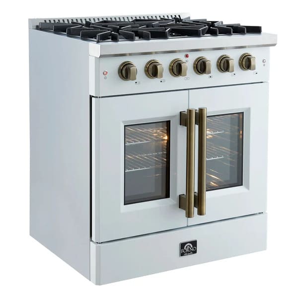 Left-angled view of the FORNO Galiano 30-Inch French Door Gas Range in white, showcasing four brass burners, a matte white finish, and dual French oven doors with stainless steel handles for a modern, upscale kitchen look.