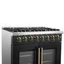 Left-angled view of the FORNO Galiano 36-Inch Dual Fuel Range in black, showcasing the control panel with zinc-coated knobs and bezel ring detailing.