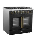 Left-angle view of the FORNO Galiano 36-Inch Dual Fuel Range in black, highlighting the French door oven design, brass burner layout, and vintage-inspired control knobs.