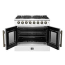 Front view of the FORNO Galiano 36-Inch French Door Dual Fuel Range in white with both oven doors open, revealing the spacious oven interior and multiple racks.