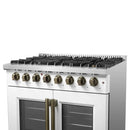 FORNO Galiano 36-Inch French Door Dual Fuel Range with 6 Gas Burners and 5.36 Cu.Ft. Electric Convection Oven in Black/White with Antique Brass Trim