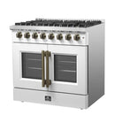 Right angled view of the FORNO Galiano 36-Inch French Door Dual Fuel Range in white, showcasing its sleek design, brass knobs, and dual fuel cooktop.