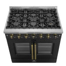 Front view of the cooktop on the FORNO Galiano 36-Inch French Door Gas Range in black, highlighting six sealed brass burners, durable cast iron grates, and a sleek matte black finish.