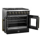 Left-angled view of the FORNO Galiano 36-Inch French Door Gas Range in black with both oven doors open, revealing a blue enamel interior, convection fan, and chrome oven racks for multi-level cooking.