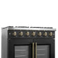Left-angled close-up of the brass-accented control knobs on the FORNO Galiano 36-Inch French Door Gas Range in black, highlighting precision settings and sleek stainless bezel detailing.