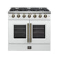 Front view of the FORNO Galiano 36-Inch French Door Gas Range in white, featuring six sealed burners, elegant French oven doors with window panes, and a modern matte black finish with brass accents.