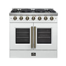 Front view of the FORNO Galiano 36-Inch French Door Gas Range in white, featuring six sealed burners, elegant French oven doors with window panes, and a modern matte black finish with brass accents.