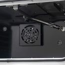 Interior view of the FORNO Galiano 36-Inch French Door Gas Range in white, showcasing the broiler element, convection fan, and blue enamel oven cavity with multiple rack positions for versatile cooking.