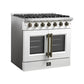 Left-angled view of the FORNO Galiano 36-Inch French Door Gas Range in white, showcasing six sealed burners, brass-finished knobs, and stylish French oven doors with a matte black exterior.