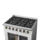 Right-angled view of the cooktop on the FORNO Galiano 36-Inch French Door Gas Range in white, featuring six Italian brass burners, continuous cast iron grates, and brass-accented control knobs.