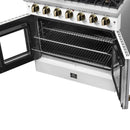 Right-angled view of the oven interior in the FORNO Galiano 36-Inch French Door Gas Range in white, featuring chrome oven racks on ball-bearing slides inside a blue enamel convection oven cavity.