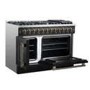 FORNO Galiano 48-Inch French Door Dual Fuel Range with 8 Burners and 6.58 Cu. Ft. Electric Convection Oven in Black/White with Antique Brass Trim