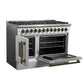 FORNO Galiano 48-Inch French Door Dual Fuel Range with 8 Burners and 6.58 Cu. Ft. Electric Convection Oven in Black/White with Antique Brass Trim