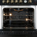 Interior view of the FORNO Giovanni 30-Inch Gas Range oven in black, featuring a vibrant blue enamel finish, convection fan, and durable multi-level oven racks.