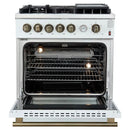 Front view of the FORNO Giovanni 30-Inch Gas Range in white with the oven door open, displaying the vibrant blue enamel interior, multiple oven racks, and convection fan for even heat distribution.