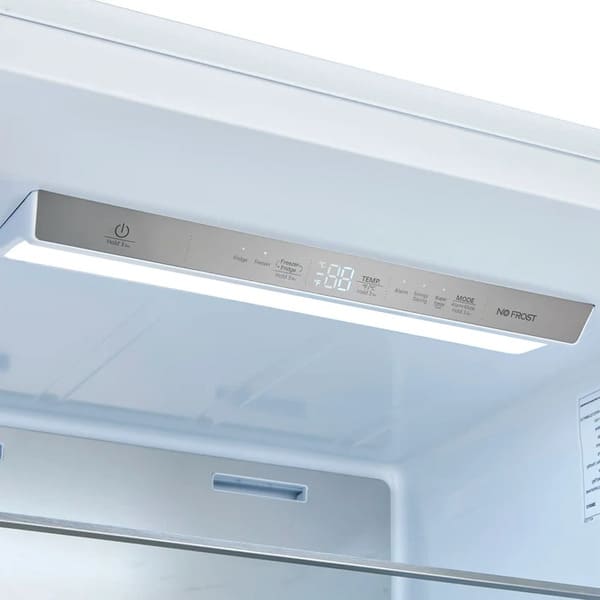 Close-up of the digital control panel on the FORNO Maderno 28-Inch Built-In 13.6 Cu. Ft. Convertible Refrigerator in white, featuring touch controls and temperature display.